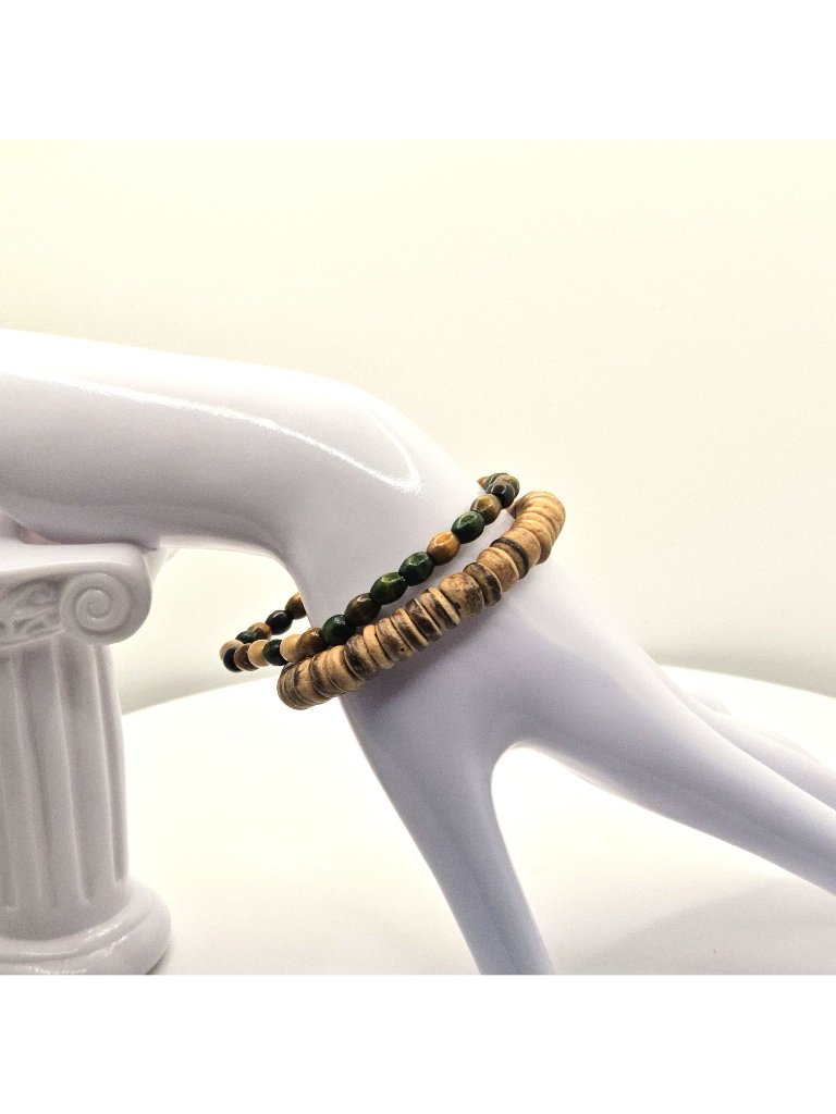 Natural Wood & Green Beaded Stretch Bracelet Set